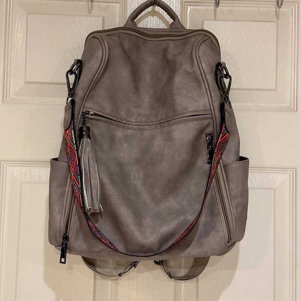 Zadeon Taupe Gray Vegan Leather Convertible Backpack Purse Geometric Strap